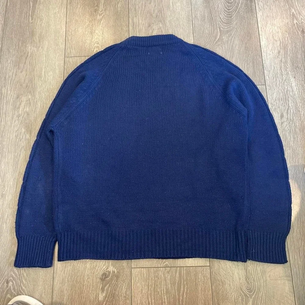 Vintage Campus Mens Royal Blue Cable Knit Raglan Crewneck Sweater Made in Korea
